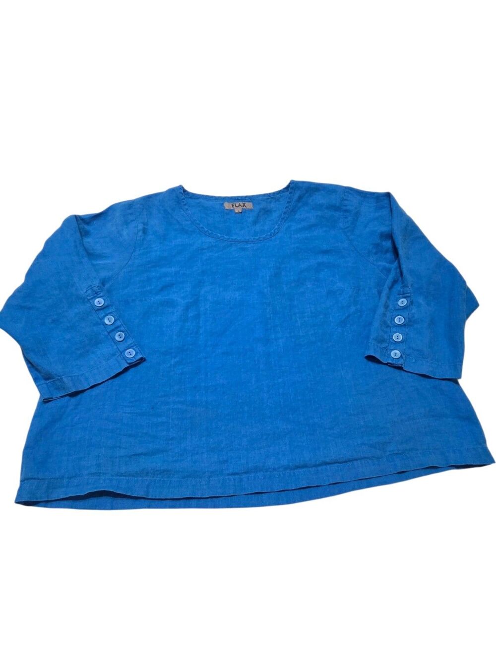 FLAX Linen Tunic Boxy Top 3/4 Sleeve Tourquoise Blue Women's L Button Sleeve G5